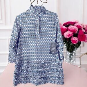 Tuckernuck Smocked Mini Dress Blue Geo Print‎ NWT Women’s XXS High Neck